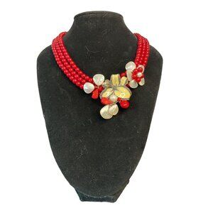 Multi Strand Round Red Beaded Chic Tropical Statement Bib Collar Necklace